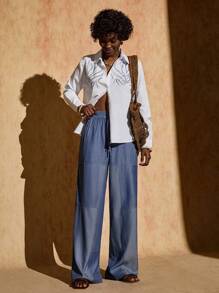 Bóhologie Women's Bohemian Wide Leg Jeans Look Pants, Fashionable Denim Look High Quality Pants, Boho Style Women Pants Wide Leg Loose Pants Women Pants Casual Wide Leg Jeans Woman - Blue - View 5