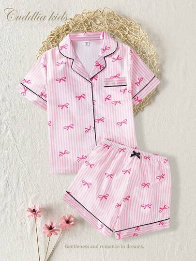 Dziewczęcy zestaw piżamowy, kokardkowy pasek z syntetycznego jedwabiu w bloki kolorów, krótki rękaw, top i spodenki, modny klapy, swobodny strój wypoczynkowy