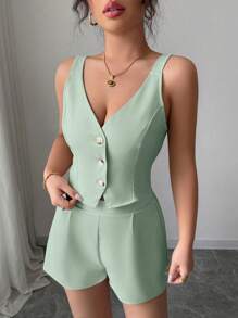 Selianne Apricot Casual Commuter Minimalist Solid Color Front Button Slit Hem Top + Shorts 2 Pieces Set For Women - Green - View 4