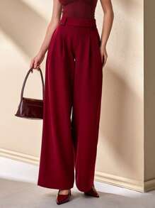 CLARA VERO Pantalones anchos de mujer con detalles de cremallera y botón de unicolor
