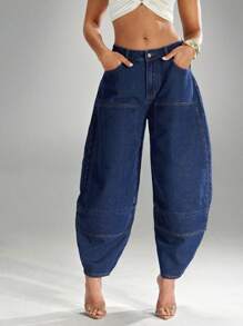 Denimoi 女式休闲水洗喇叭裤宽松牛仔裤 - 深色水洗藍 - 查看 4