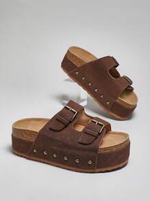 SHUZIA 女式双扣软木鞋床厚底厚底平底凉鞋 - 咖啡棕 - 查看 1