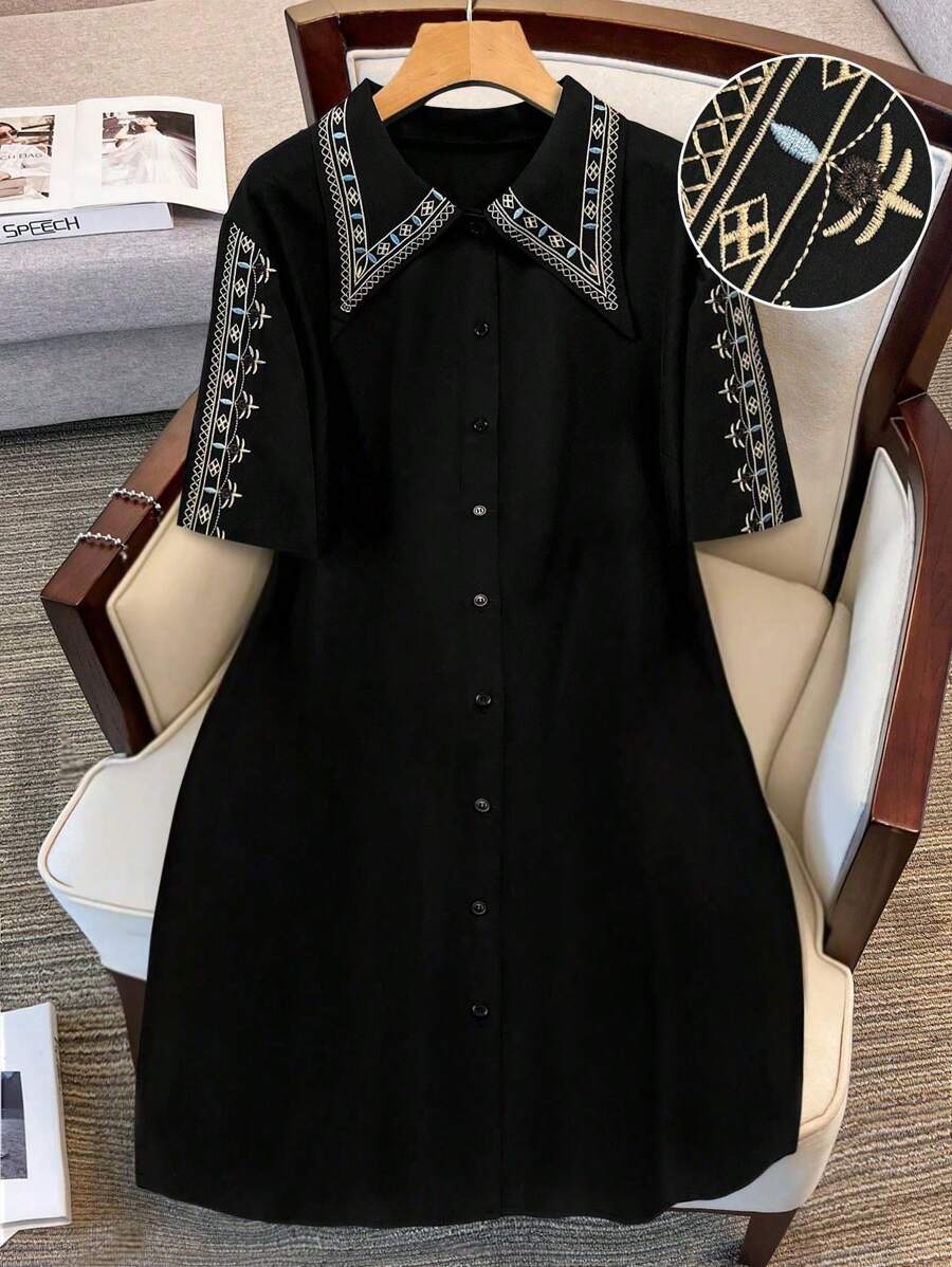 SHEIN Clasi Plus Size Short Sleeve Dress, Fashionable For Summer - Black - View 1