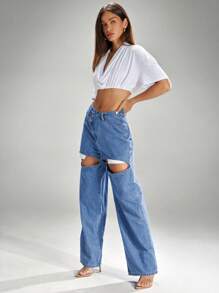 Denimoi Exposed Pockets Asymmetrical Hem Relaxed Fit Denim Jeans - Medium Wash - View 4