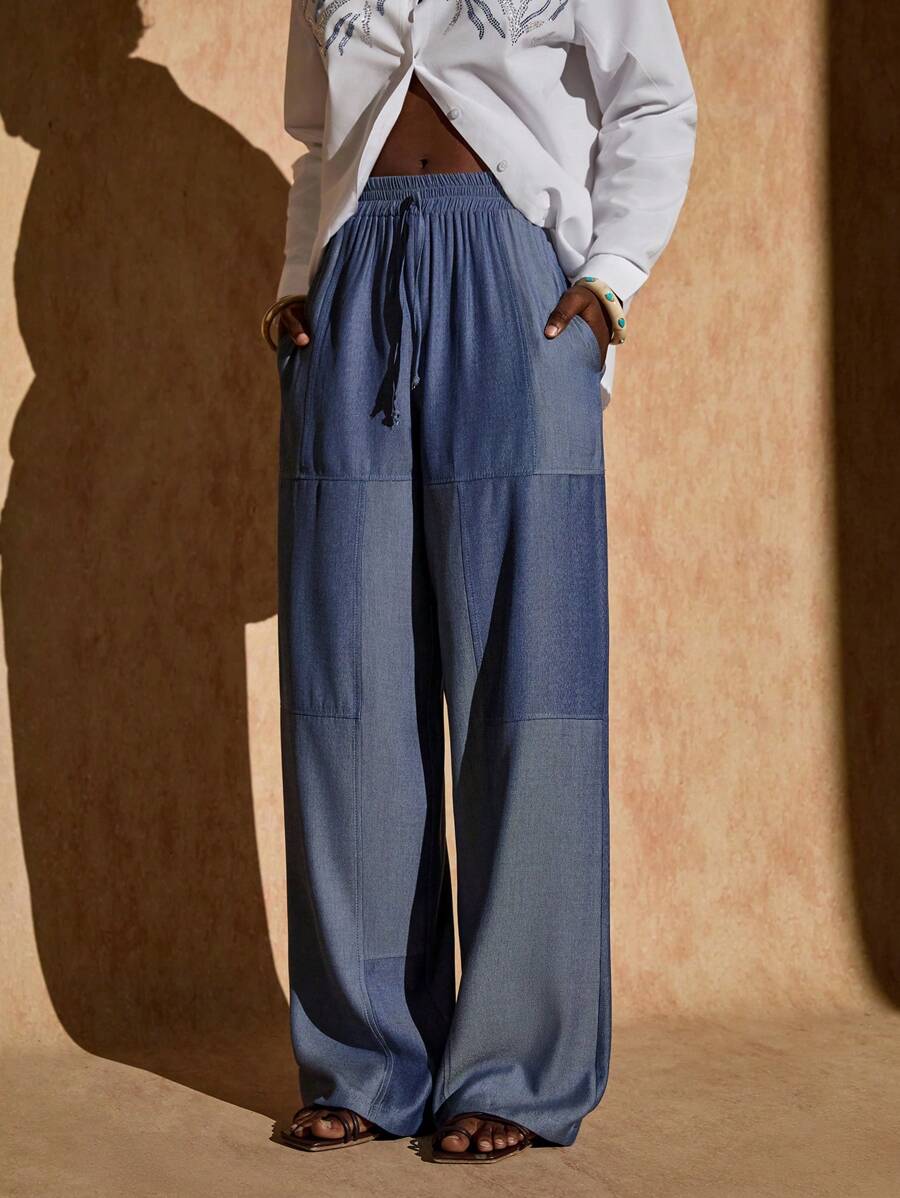 Bóhologie Women's Bohemian Wide Leg Jeans Look Pants, Fashionable Denim Look High Quality Pants, Boho Style Women Pants Wide Leg Loose Pants Women Pants Casual Wide Leg Jeans Woman - Blue - View 1