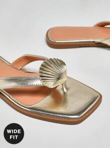 SHUZIA 女式宽版时尚休闲舒适一脚蹬平底凉鞋 - 金色 - 查看 4