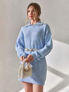 EURMUSE Woman Soft Winter Sweater Dress With Pearls Detailed - Baby Blue - View 6