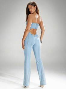 Denimoi 心形镂空露肩喇叭牛仔连体裤