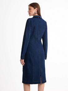 Daynim Women Casual Long Sleeve Asymmetrical Denim Dress - Dark Wash - View 2