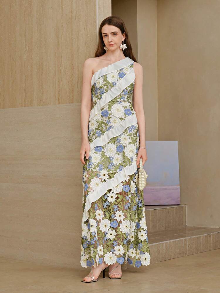 GUIPURE LACE RUFFLE TRIM DRESS