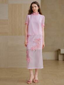 MOTF PREMIUM FLORAL EMBROIDERY PUFF SLEEVE TOP - Pink - View 8