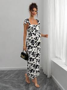 Momance Women's Floral Print Strapless Jumpsuit, Fashion Summer Maternity Vacation Wear - Apricot - View 7