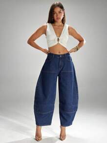 Denimoi 女式休闲水洗喇叭裤宽松牛仔裤 - 深色水洗藍 - 查看 5