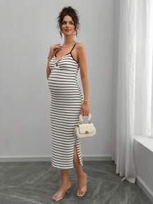 Momance Fashionable Sleeveless Knitted Striped Maternity Dress, Spring/Summer