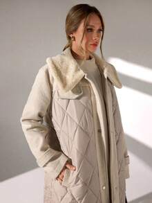 CLARA VERO Apricot Long Fur Collar Medium Long Sleeve Thickened Jacket, Lightweight And Warm, Basic Jacket - Cream - View 4