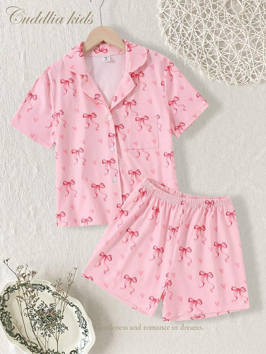 2pcs/Set Tween Girl Bow Pattern Short Sleeve Shirt And Shorts Casual Homewear Set, Light Pink,Summer,Travel - Pink - View 1