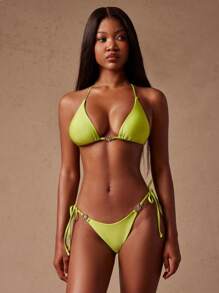 SHEIN Unity 霓虹两件套金色细节性感比基尼泳裤系带泳衣女式性感夏季运动沙滩度假泳装 - 綠色 - 查看 1