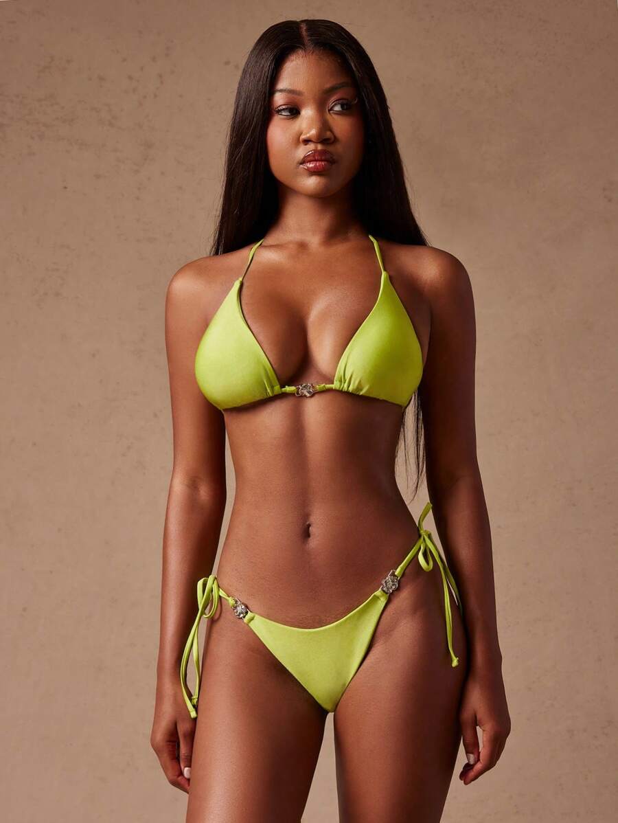 SHEIN Unity 霓虹两件套金色细节性感比基尼泳裤系带泳衣女式性感夏季运动沙滩度假泳装 - 綠色 - 查看 1