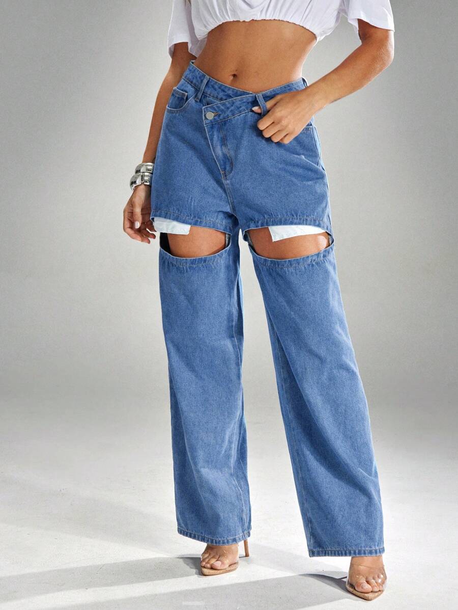 Denimoi Exposed Pockets Asymmetrical Hem Relaxed Fit Denim Jeans - Medium Wash - View 1