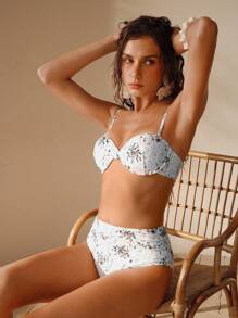 Anewsta Women's Fashion Random Print Off-Shoulder Wire Rim Bust Lift Tankini Swimsuit Set For Summer Beach Vacation - White - View 7