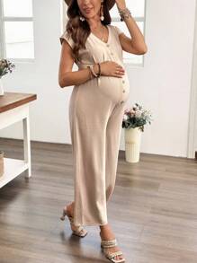 SHEIN 纯色无袖按扣V领孕妇哺乳连体裤