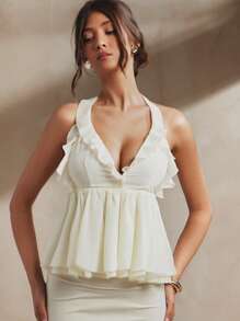 L'Amorae Top con balze a canotta in doppio strato di chiffon, adatto per primavera ed estate, da donna - Albicocca - Visualizzare 1