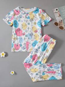 SHEIN Conjunto de camiseta de manga corta con estampado integral y pantalones informales de verano para niña preadolescente - Multicolor - Ver 1