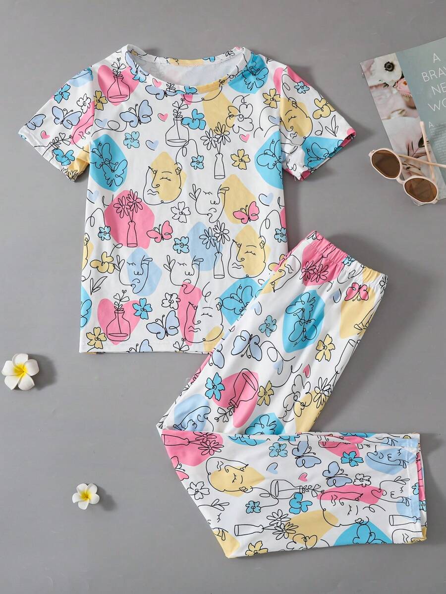 SHEIN Conjunto de camiseta de manga corta con estampado integral y pantalones informales de verano para niña preadolescente - Multicolor - Ver 1