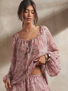 L'Amorae Women's Paisley Printed Chiffon Raglan Sleeve Peasant Blouse, Casual, Summer, Easy To Wear, Elegant