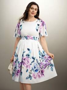 SHEIN Clasi 大码女式优雅花卉印花连衣裙配腰带，适合春夏季度假 - 白色 - 查看 6