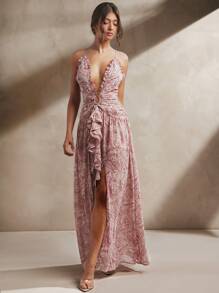 L'Amorae Elegantes, sexy Damen-Maxikleid im Boho-Stil mit ärmellos, tiefem Ausschnitt, Rüschendetails und Paisley-Muster aus Chiffon, seitlichem Schlitz, Sommeroutfit für Damen, Strandoutfit für Damen, 4. Juli Outfits