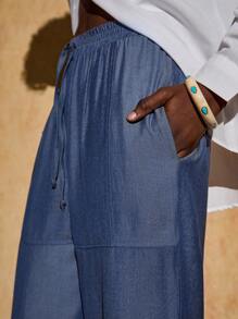 Bóhologie Women's Bohemian Wide Leg Jeans Look Pants, Fashionable Denim Look High Quality Pants, Boho Style Women Pants Wide Leg Loose Pants Women Pants Casual Wide Leg Jeans Woman - Blue - View 3