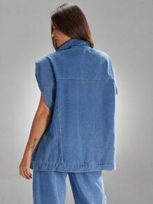 Denimoi Padded Shoulder Sleeveless Zip Front Denim Vest - Light Wash - View 4
