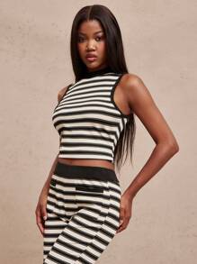NYA SZN Striped Knit Sleeveless Mod Modest Comfortable Music Tank Top For Women - Black - View 5
