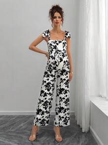 Momance Women's Floral Print Strapless Jumpsuit, Fashion Summer Maternity Vacation Wear - Apricot - View 6