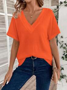 SHEIN LUNE 休闲纯色V领蝙蝠袖T恤，夏季 - 橘色 - 查看 6