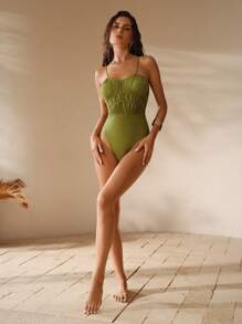 Anewsta Traje de baño de una pieza con tirantes finos y fruncidos de unicolor para mujer, para verano - Verde - Ver 6