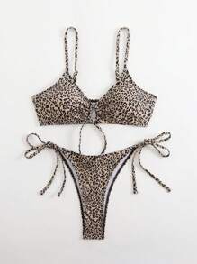 SHEIN 女士豹纹抽绳泳衣套装，夏季时尚 - 彩色 - 查看 3