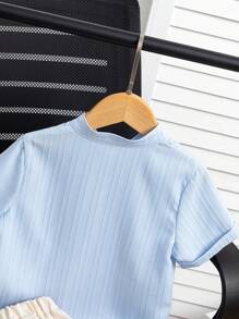 SHEIN 2pcs Young Boy Vertical Striped Round Neck Short Sleeve Single-Breasted Shirt & Pants Set, Summer - Blue - View 6