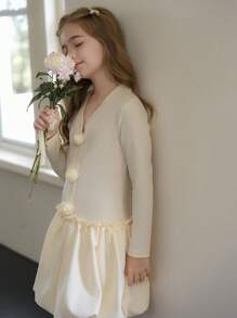 Vestido de manga larga con volantes y decoración floral 3D de unicolor para niña preadolescente - Amarillo - Ver 7
