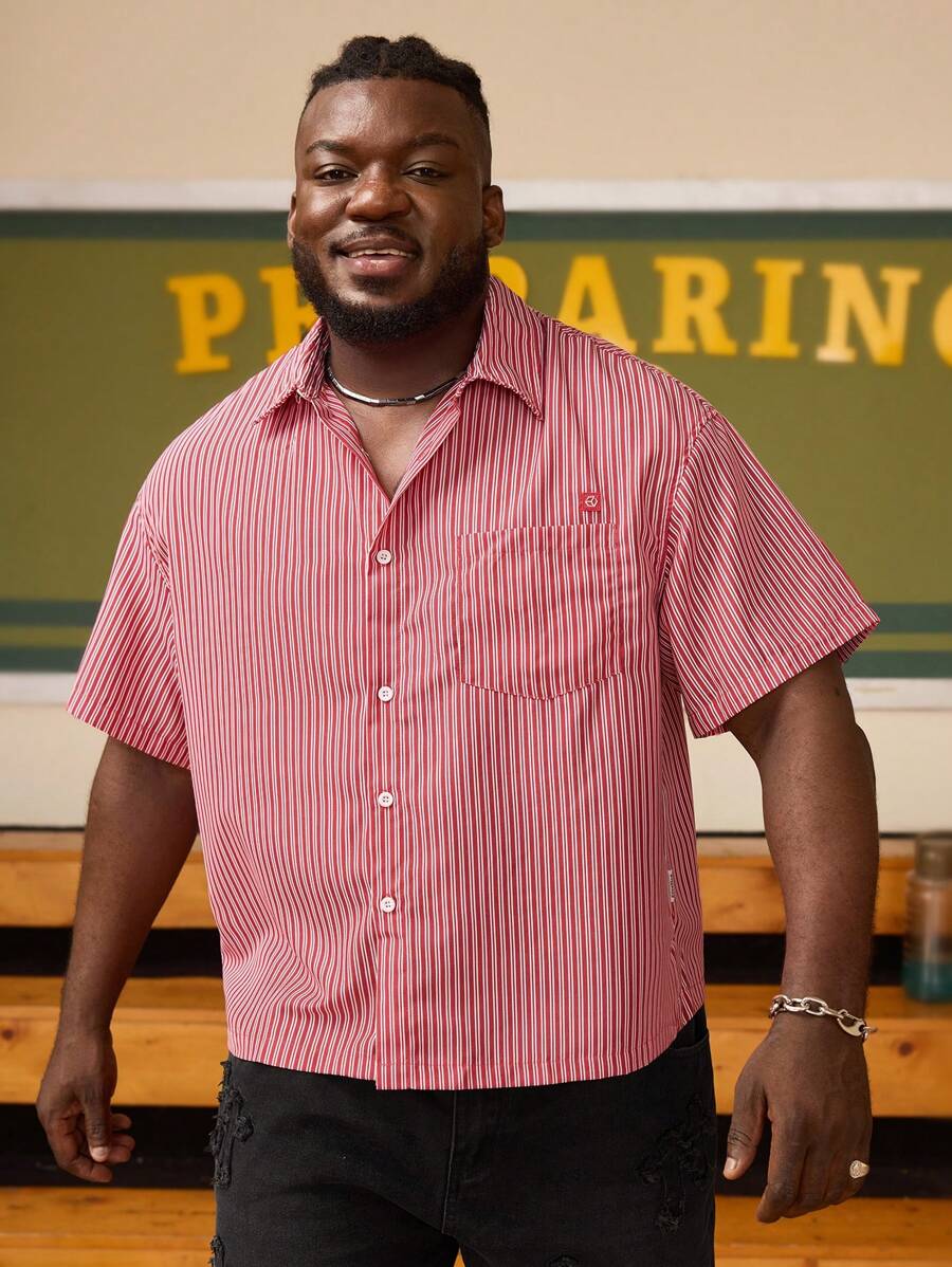 EASEVO Áo sơ mi tay ngắn dệt sọc đỏ trắng rộng rãi thoải mái cho nam cỡ lớn - Đỏ - Xem 1