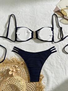 Nevyona Bộ bikini xếp nếp gợi cảm màu trơn đi biển mùa hè cho nữ - Màu xanh hải quân - Xem 2