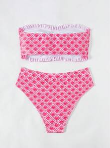Swim Mod Set de 2 piezas de traje de baño sin tirantes con estampado aleatorio y abertura lateral para mujeres de talla grande para vacaciones