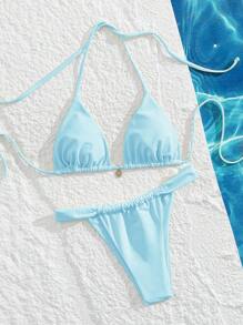 Swim Mod 2 件高腰性感露背吊带前系带女式泳衣套装，夏季 - 藍色 - 查看 3