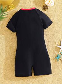 SHEIN Tween Boy Casual Sports Pattern One-Piece Swimsuit, For Beach, Swimming, Surfing - Red - View 3