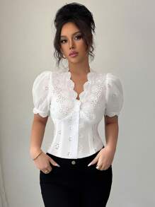 Selianne Women's Spring & Summer Elegant Short Sleeve V-Neck Open Front Buttoned Hollow Out Lace Fabric Blouse