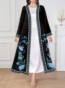 Al Najma 1 chiếc váy hoa màu xanh đen thoải mái dành cho nữ, trang phục truyền thống cho mọi mùa. Thiết kế hoa tinh tế, sang trọng, bí ẩn, thanh lịch, phù hợp để mặc hàng ngày, hẹn hò, giải trí, tiệc tùng, áo choàng Abaya giản dị - Màu xanh lam - Xem 4