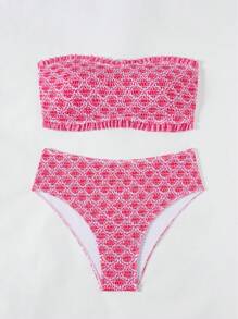 Swim Mod Set de 2 piezas de traje de baño sin tirantes con estampado aleatorio y abertura lateral para mujeres de talla grande para vacaciones