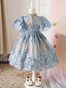 Young Girl Floral Embroidery Mesh Ruffle Hem Short Sleeve Elegant Dress - Grey - View 2