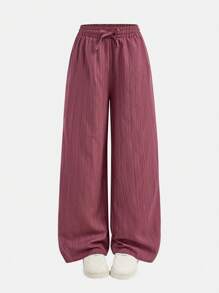 SHEIN Pantalon en tissu texturé rose clair unicolore avec cordon et nœud papillon, pour filles préadolescentes décontractées